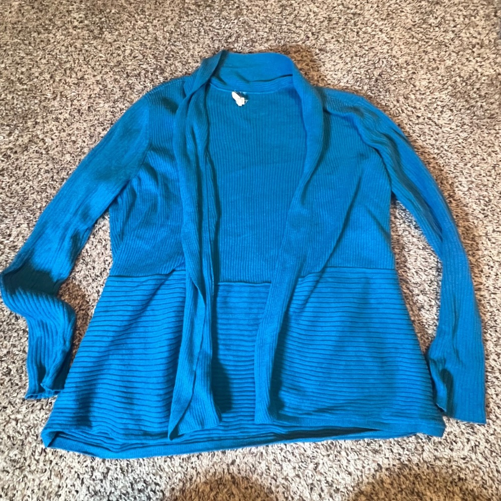 Eileen Fisher Teal Blue 100% Organic Cotton‎ Ribbed Open Front Cardigan Large